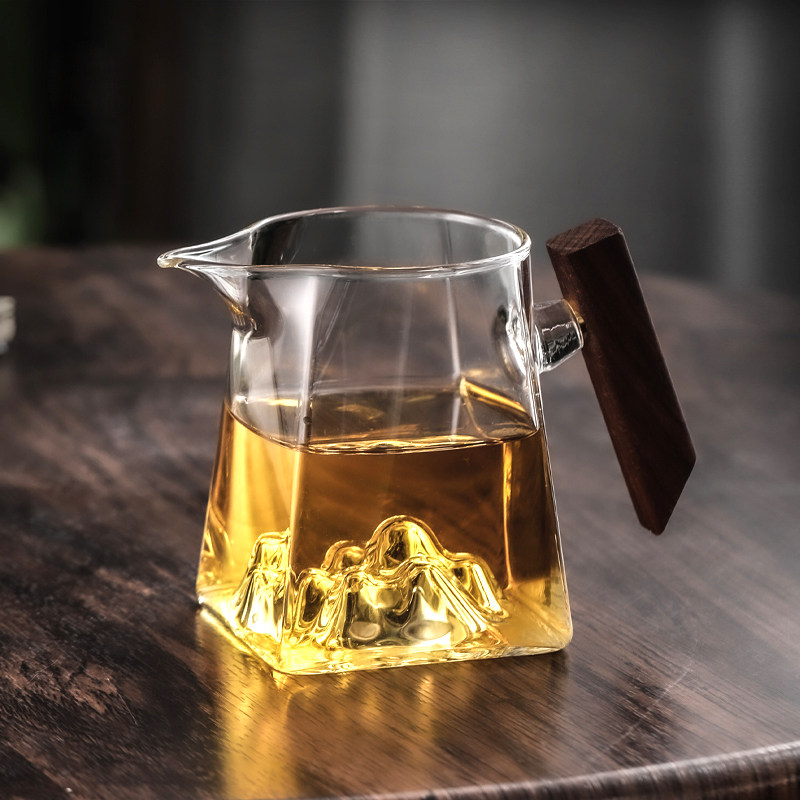 观山公道杯玻璃分茶器四方公杯日式木把方形接茶杯透明茶道公平杯