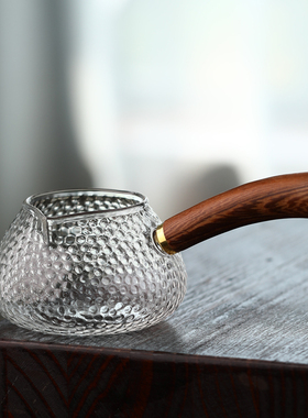 日式侧把公道杯锤目纹玻璃公杯耐热横把接茶杯可加热木把手功夫茶