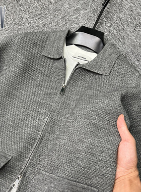 拉链翻领开衫男针织衫秋冬季韩版休闲毛衣外套男装外搭灰色有口袋