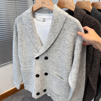 双排扣大V领开衫男韩版