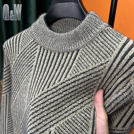 雪尼尔毛衣男半高领冬季加绒加厚中年爸爸装针织衫中领打底衫保暖