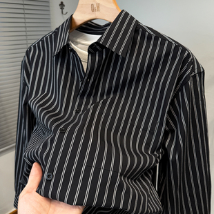 轻奢高级感竖条纹衬衫男长袖纯棉秋装痞帅休闲外套男衬衣开衫潮流