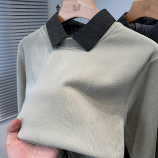 丝绒衬衫领假两件卫衣男款加绒加厚秋冬季中年纯色百搭上衣服内搭