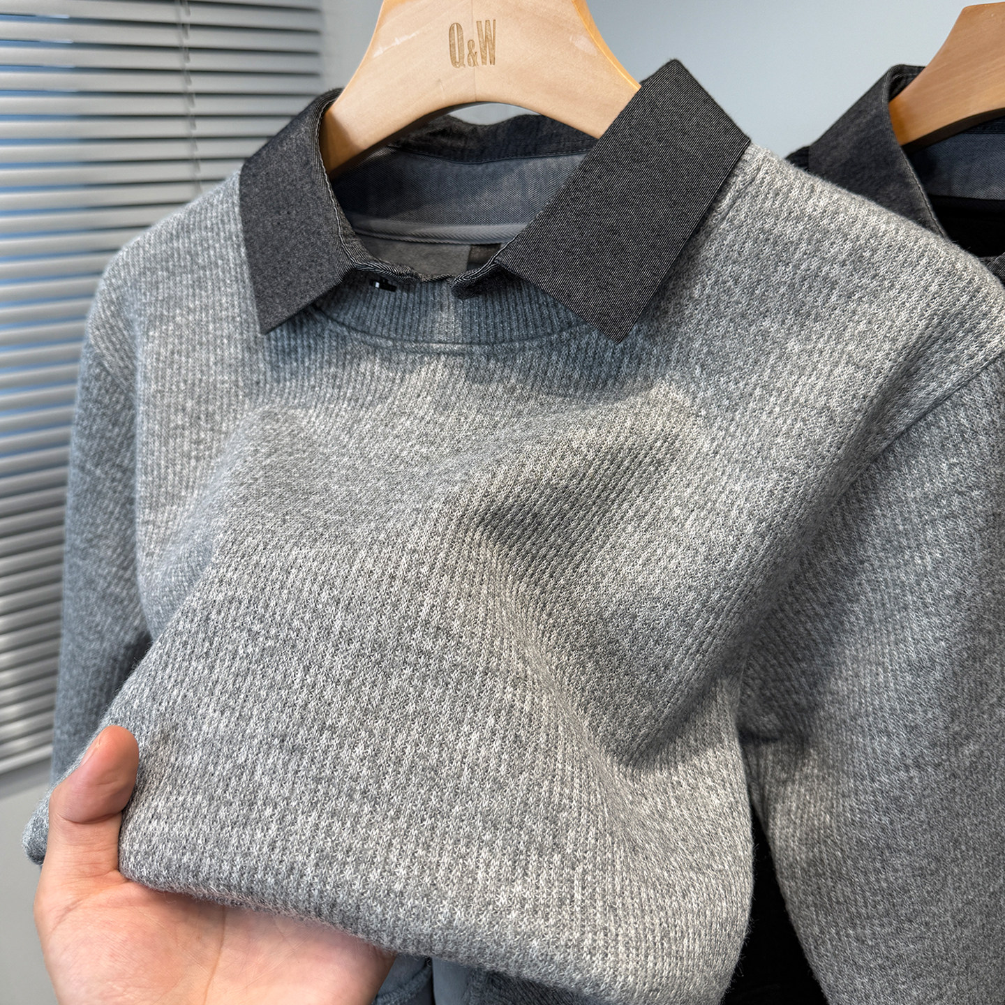 高端假两件衬衫领毛衣男加绒