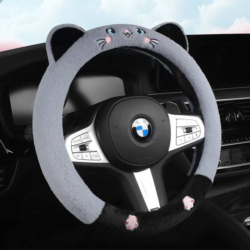 汽车方向盘套冬季毛绒保暖车用把套通用防滑卡通小猫冬天加绒暖