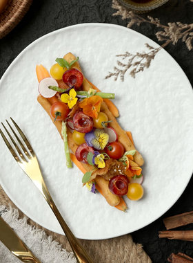 DXC北欧风创意岩石艺术家用牛排盘西餐盘白色浮雕陶瓷盘 圆形浅盘