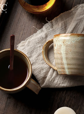 日式陶瓷马克杯个性办公室杯子带勺复古家用水杯大容量女男咖啡杯