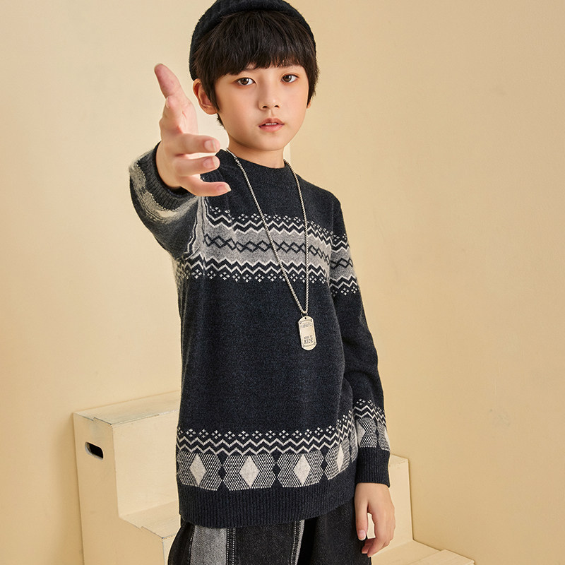2021新款儿童羊绒衫男童毛衣黑色女童针织衫宝宝秋冬圆领套头韩版