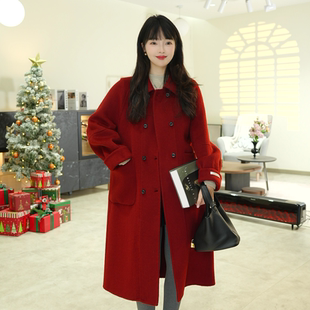 中长款 翻领双排扣大贴袋翻袖 双面羊毛大衣女士外套 经典 秋冬新款