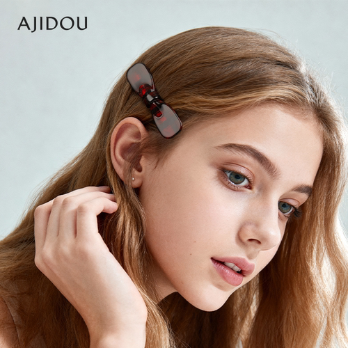 阿吉豆发夹红色格纹蝴蝶结鸭嘴夹