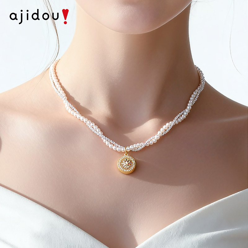 AJIDOU阿吉豆项链法式八芒星罗盘吊坠珍珠轻奢颈链女款气质锁骨链