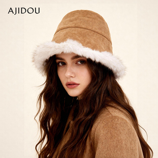 AJIDOU阿吉豆帽子女冬季 加绒渔夫帽保暖棉帽防风帽女毛绒盆帽 新款