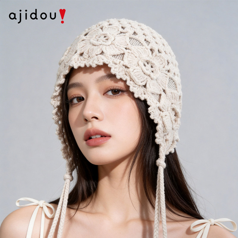 AJIDOU阿吉豆帽子女商场同款白色针织帽秋冬设计感流苏保暖毛线帽
