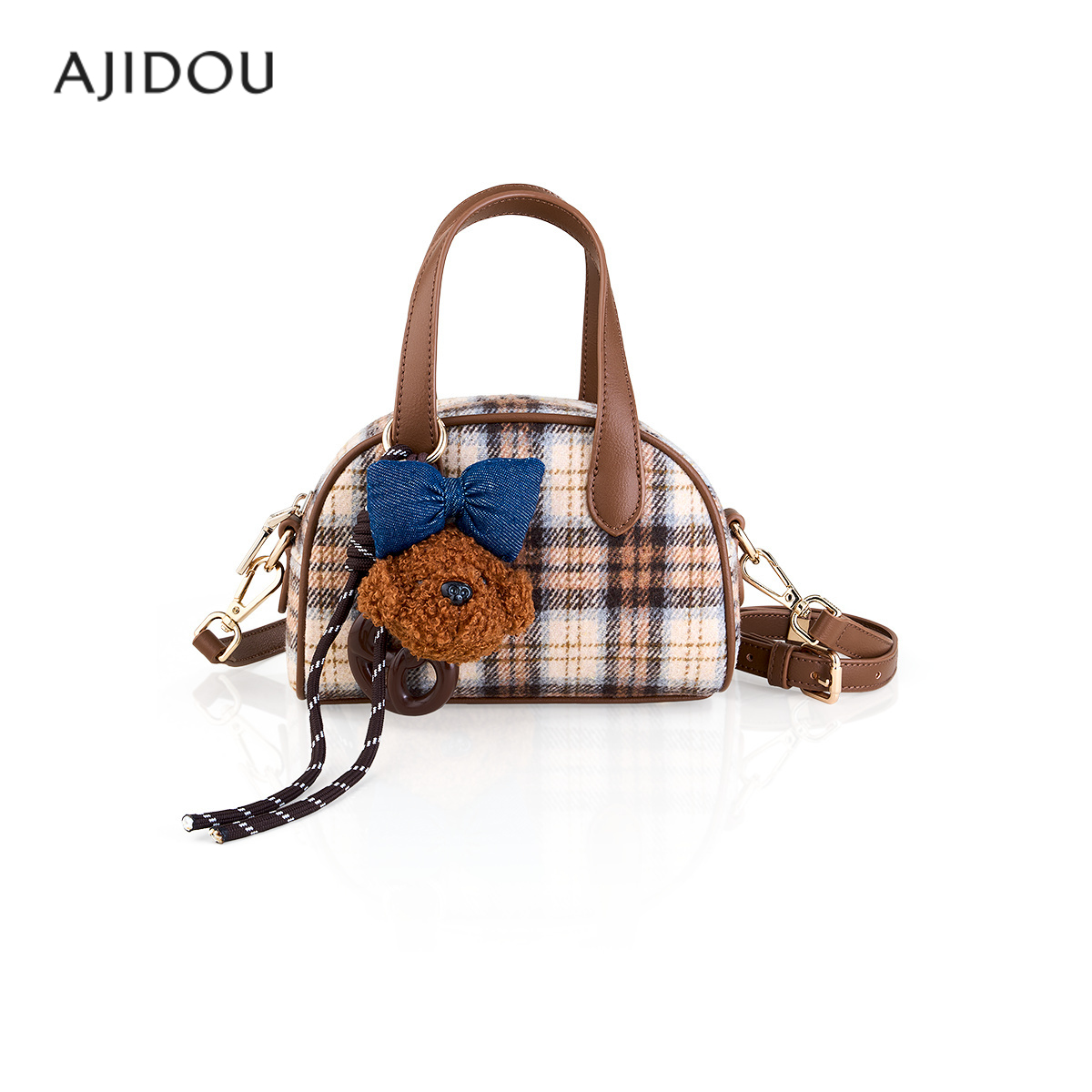 阿吉豆格纹棕色手提包泰迪熊包包