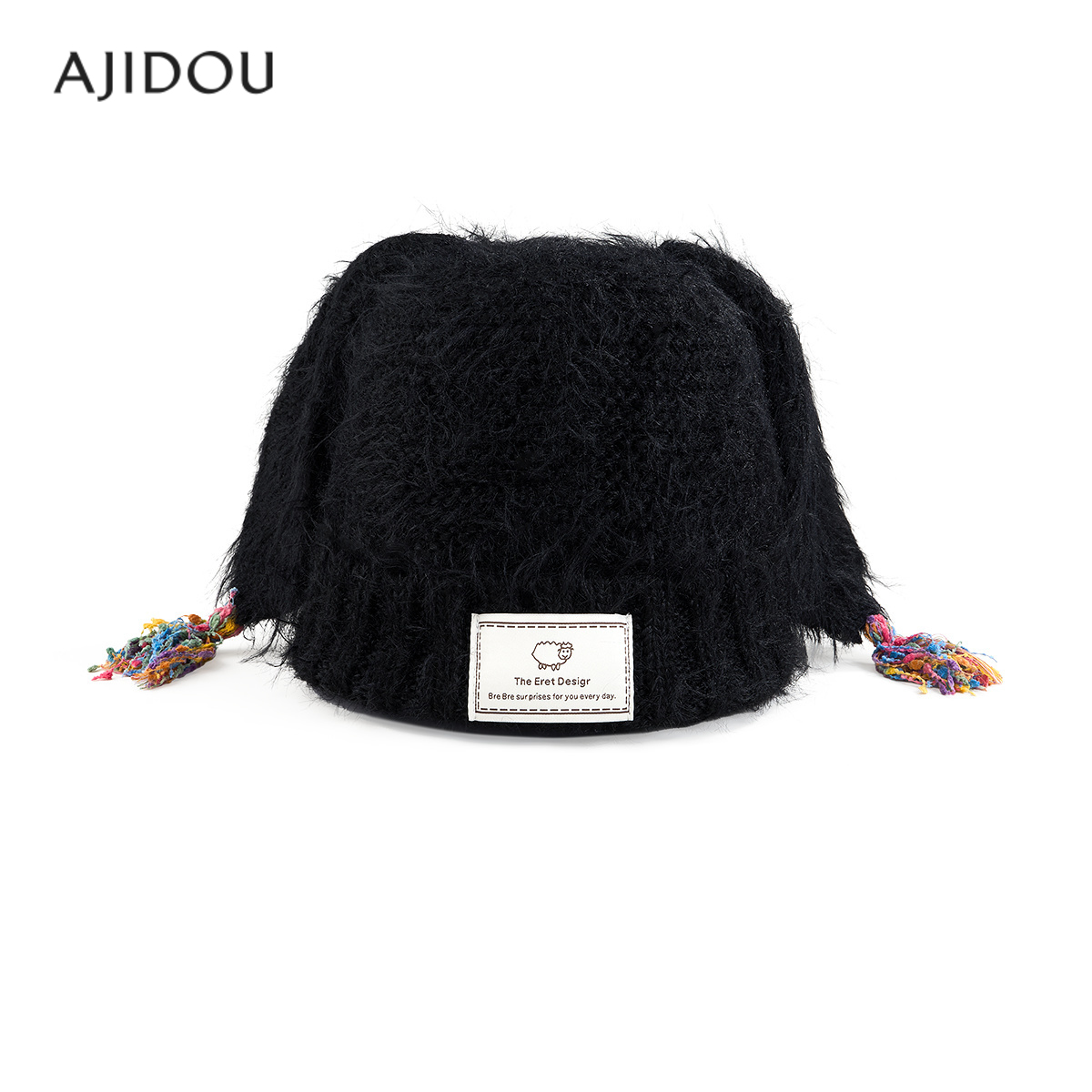 AJIDOU阿吉豆帽子女黑色流苏针织毛线帽秋冬保暖设计感小众休闲帽