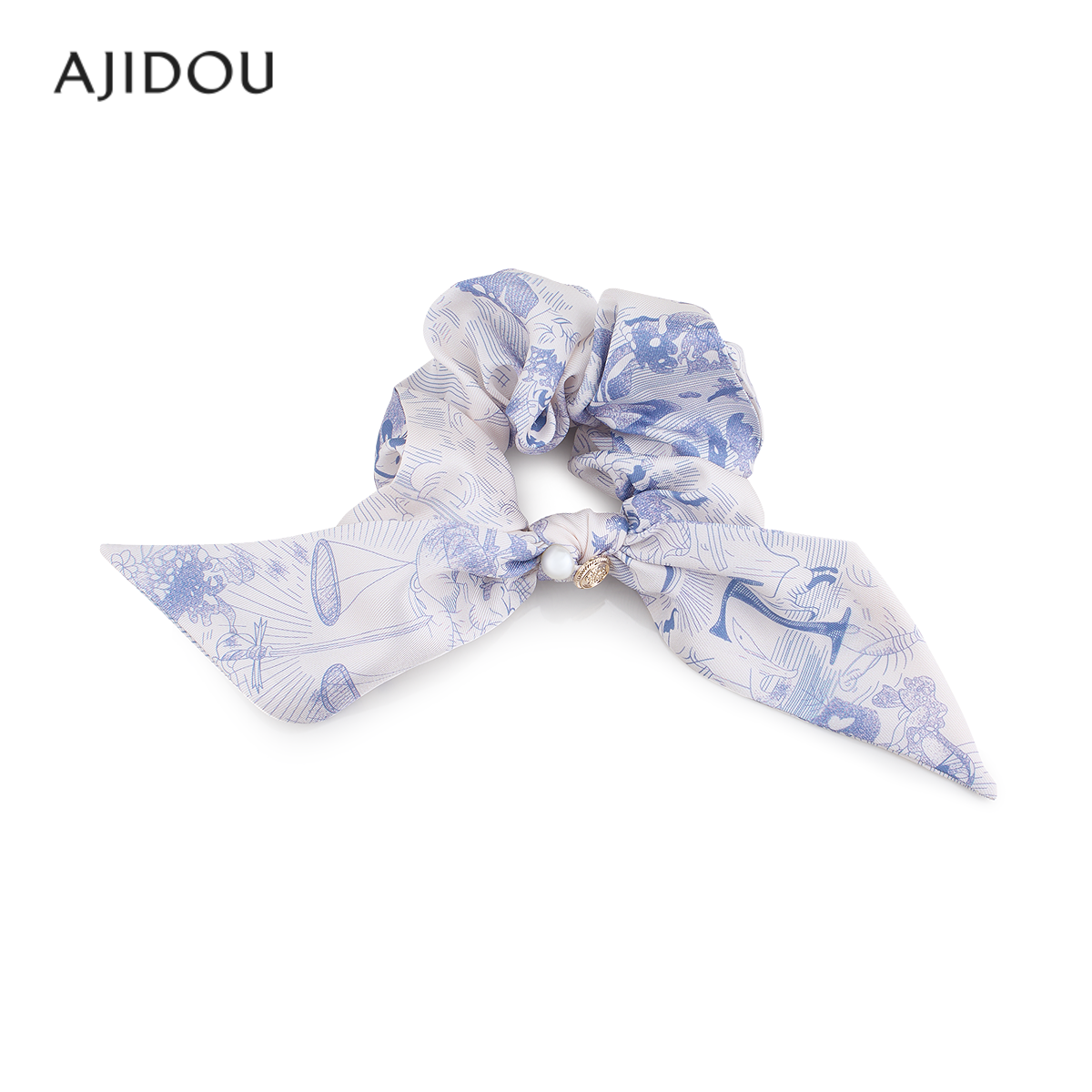 AJIDOU阿吉豆发饰女款蓝色织物珍珠发圈时尚扎头发绳复古头绳飘带