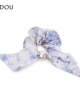 AJIDOU阿吉豆发饰女款蓝色织物珍珠发圈时尚扎头发绳复古头绳飘带