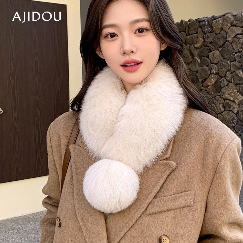 阿吉豆狐狸毛围巾女冬季大毛球