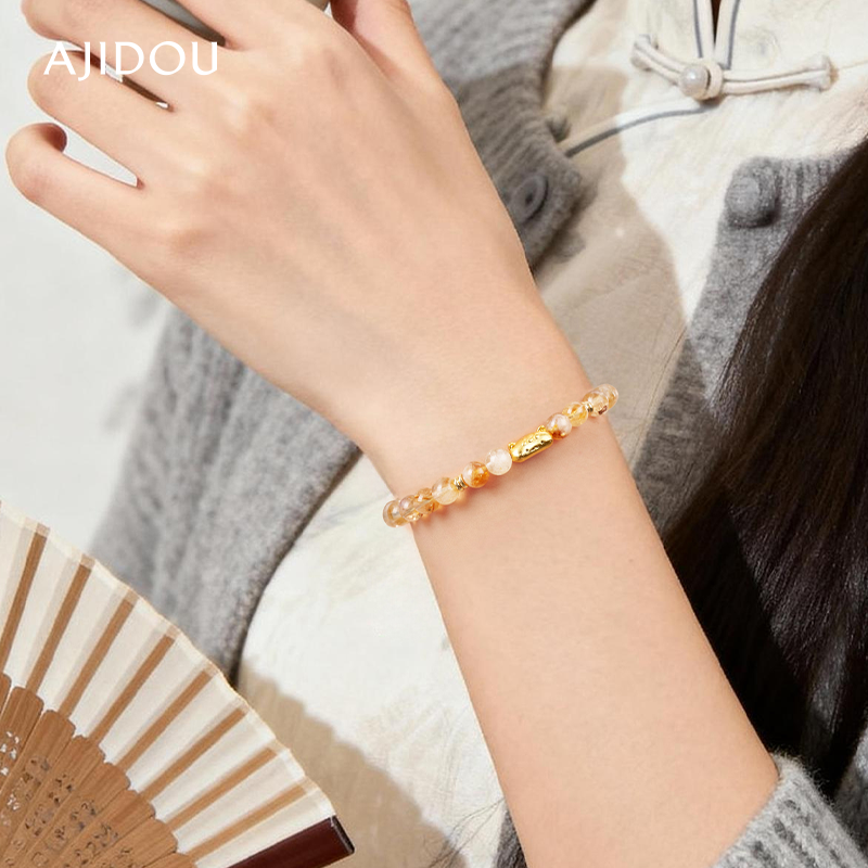 阿吉豆女款黄水晶手链法棍猫手串