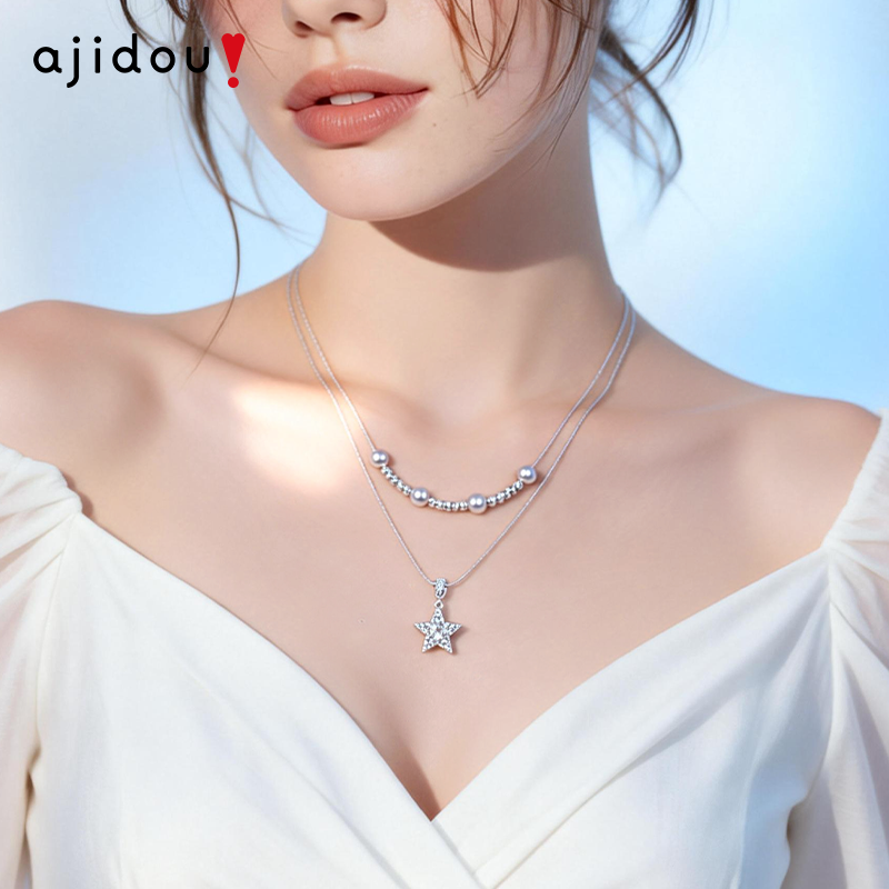 AJIDOU阿吉豆项链女款珍珠星星双层叠戴设计感轻奢配饰小众锁骨链