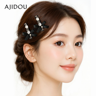 AJIDOU阿吉豆发饰女蝴蝶结抓夹水钻发夹新款侧边夹轻奢鸭嘴夹发卡
