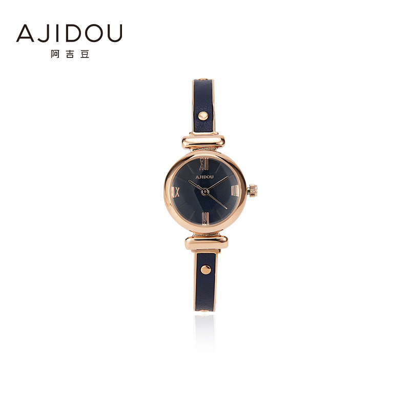 阿吉豆精致大气时尚优雅黑金腕表皮质金属拼接日韩网红潮流手表女