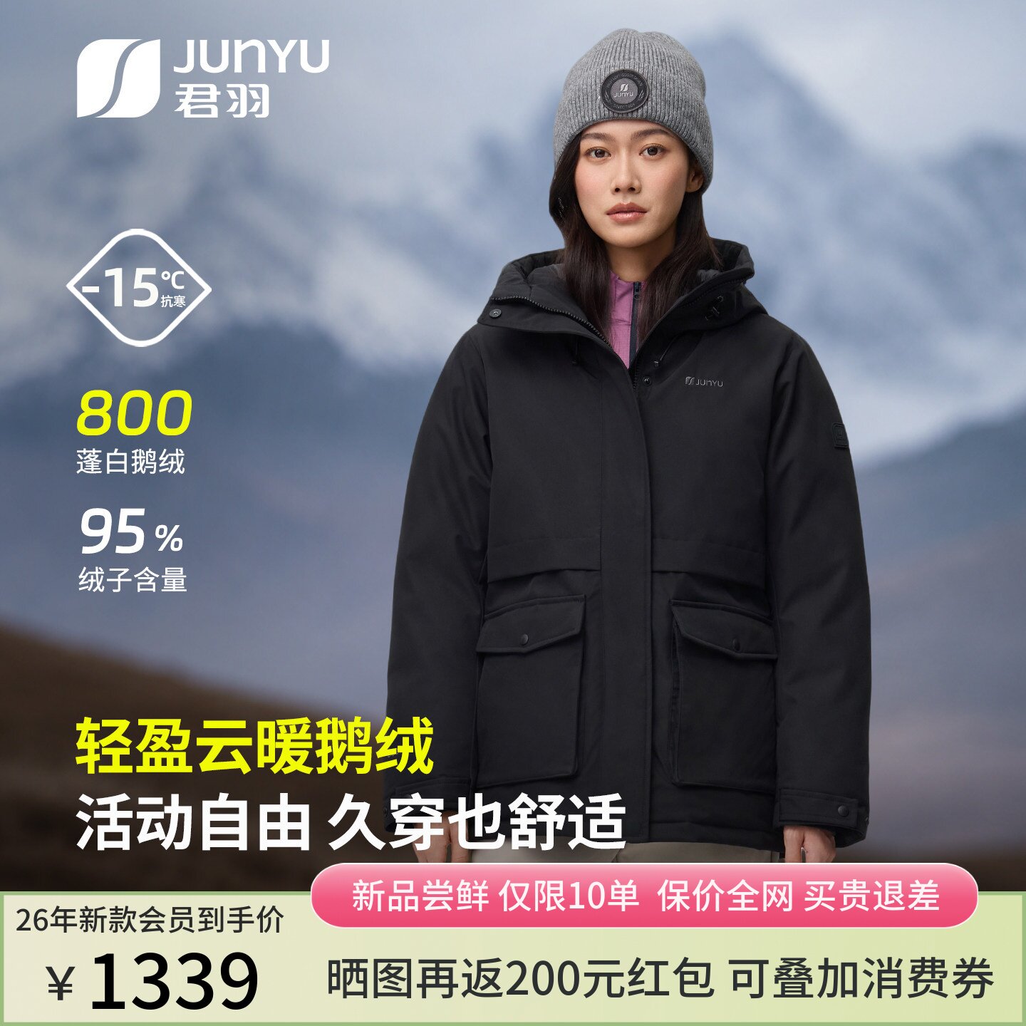 800蓬防风雪连帽保暖中长鹅绒服图片