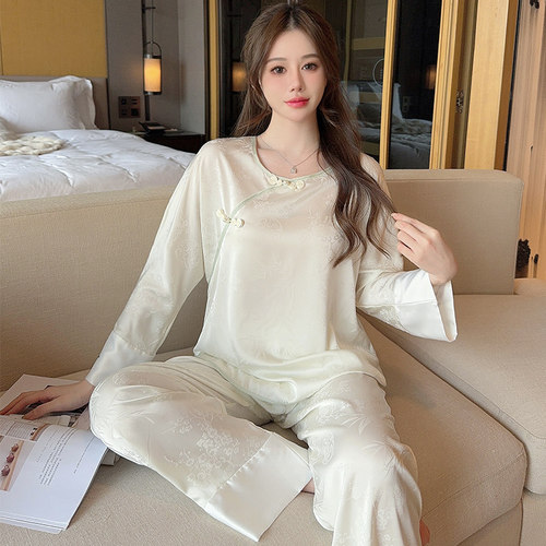 睡衣女春秋长袖冰丝绸家居服