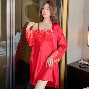 红色睡衣女2024年新款 性感睡裙家居服 丝绸两件套吊带夏季 春秋短袖