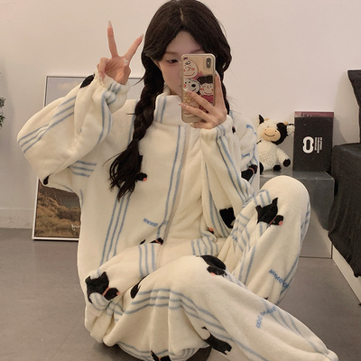 珊瑚绒睡衣冬季女款保暖开衫2024年新款秋冬棒球领加绒加厚法兰绒