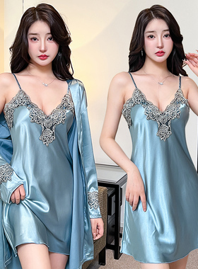 春夏睡衣女性感蕾丝新款情趣吊带睡裙睡袍冰丝绸薄款两件套家居服