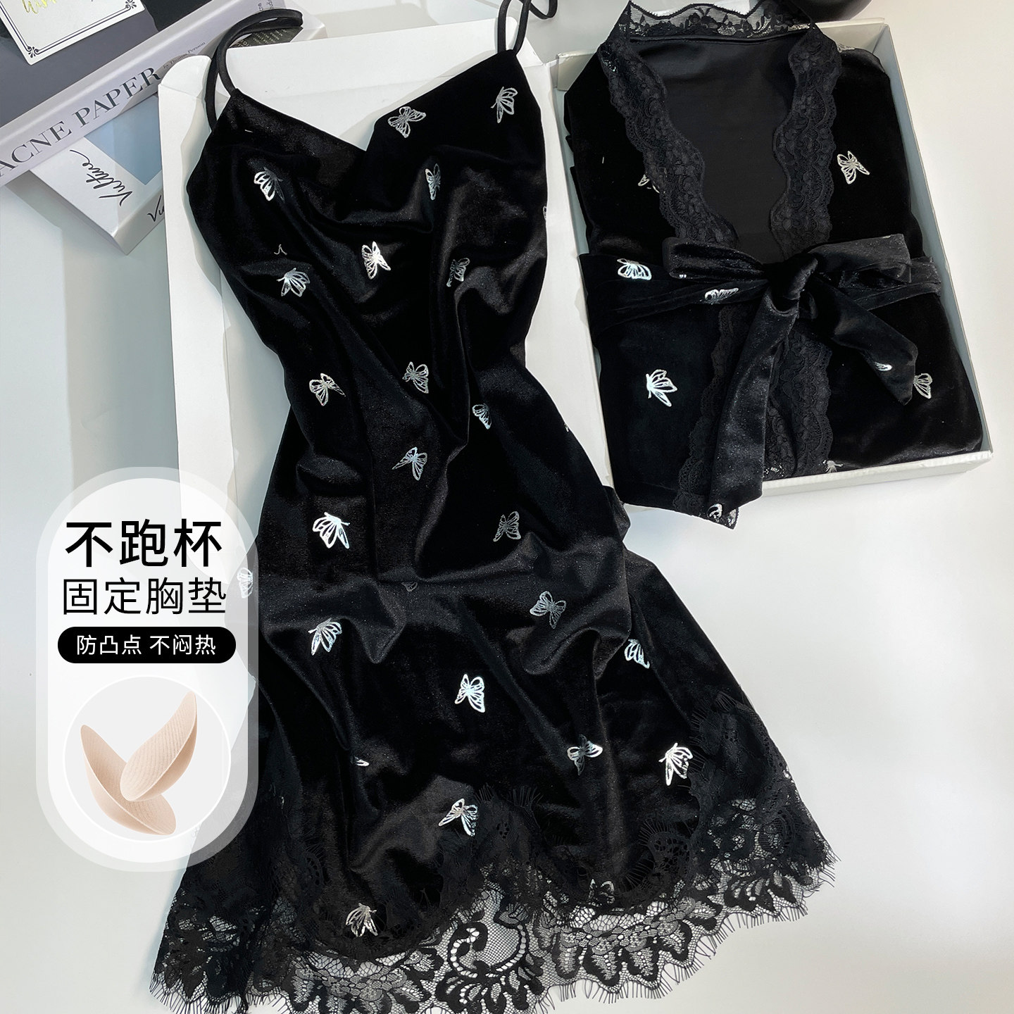 睡衣女长袖金丝绒睡袍保暖春秋吊带性感蕾丝短款睡裙两件套带胸垫图片
