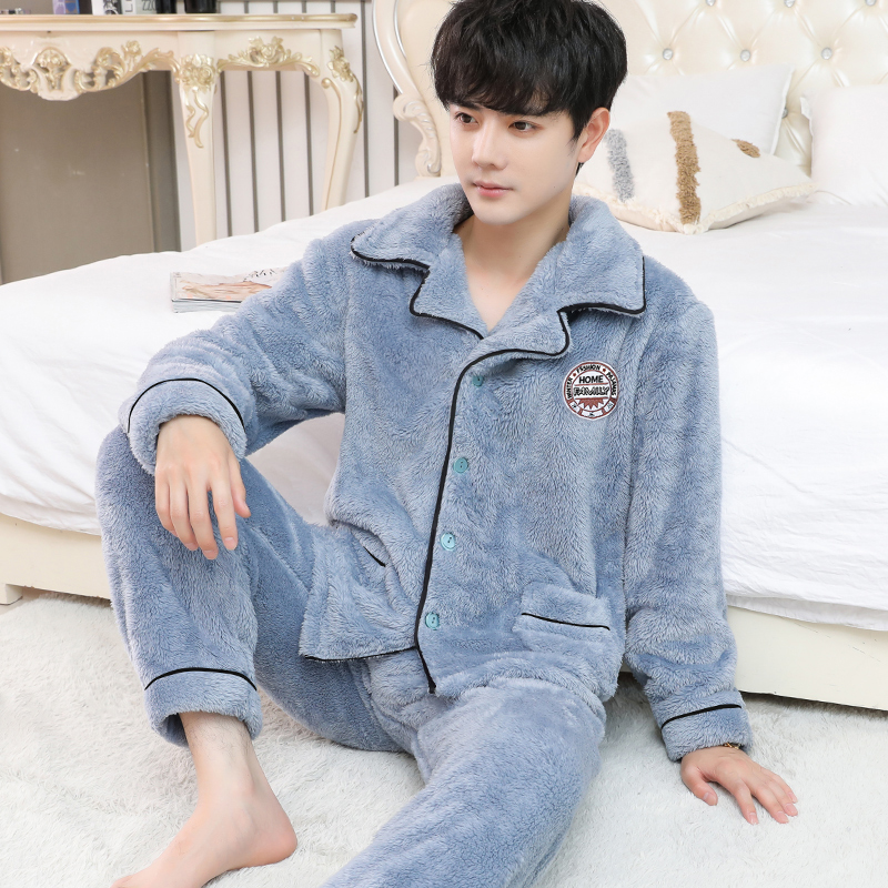 男士睡衣长袖法兰绒套装秋冬季