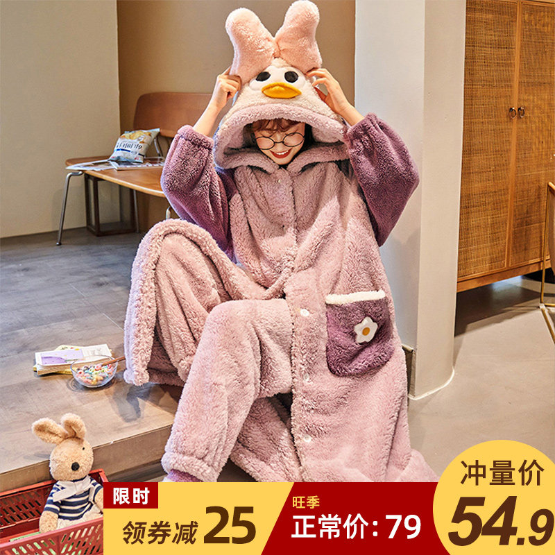 睡袍女秋冬季加厚加绒法兰绒睡裙长款家居服2021年新款珊瑚绒睡衣