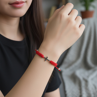 情侣友谊手链简约时尚手工编织不锈钢十字架手绳红黑白多色手饰J