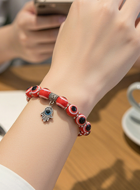 秋冬手掌镂空蓝眼睛手串眼睛圆珠女弹性手链简约情侣款饰品手饰J