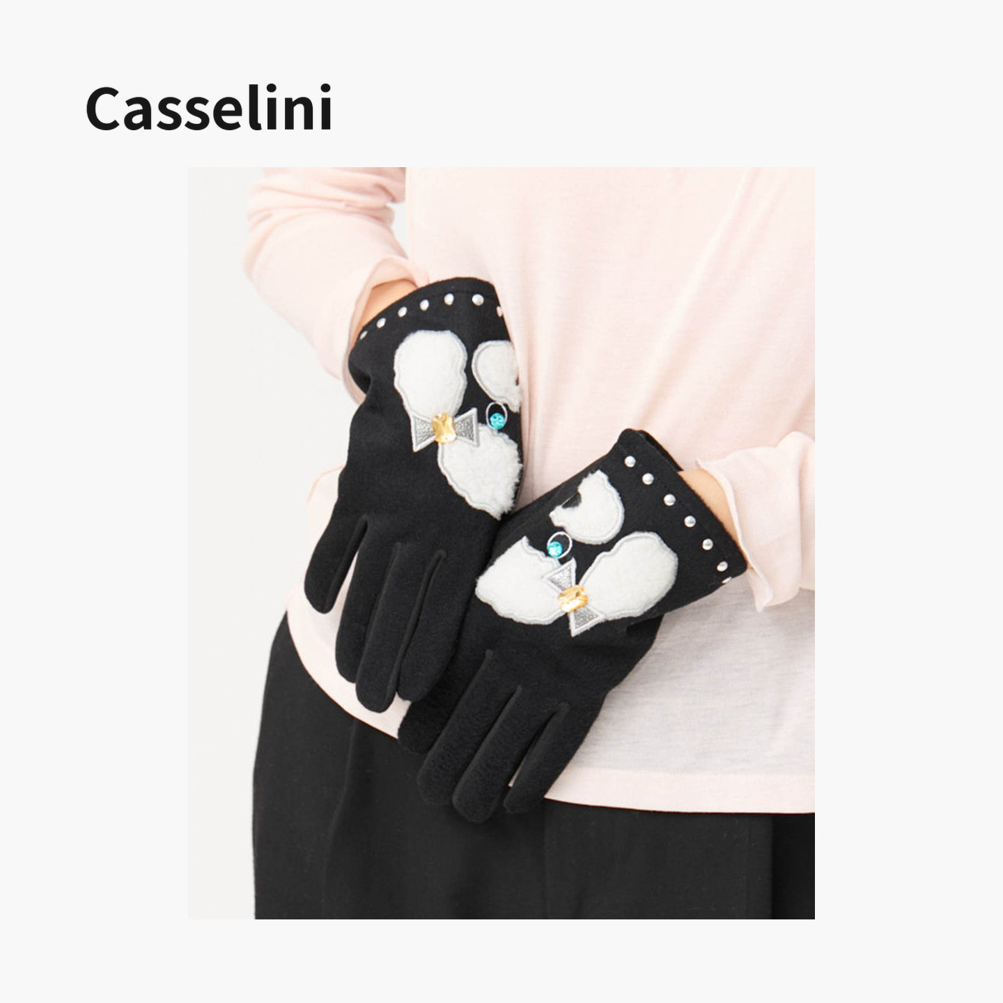 Casselini羊毛呢水钻贵宾犬手套