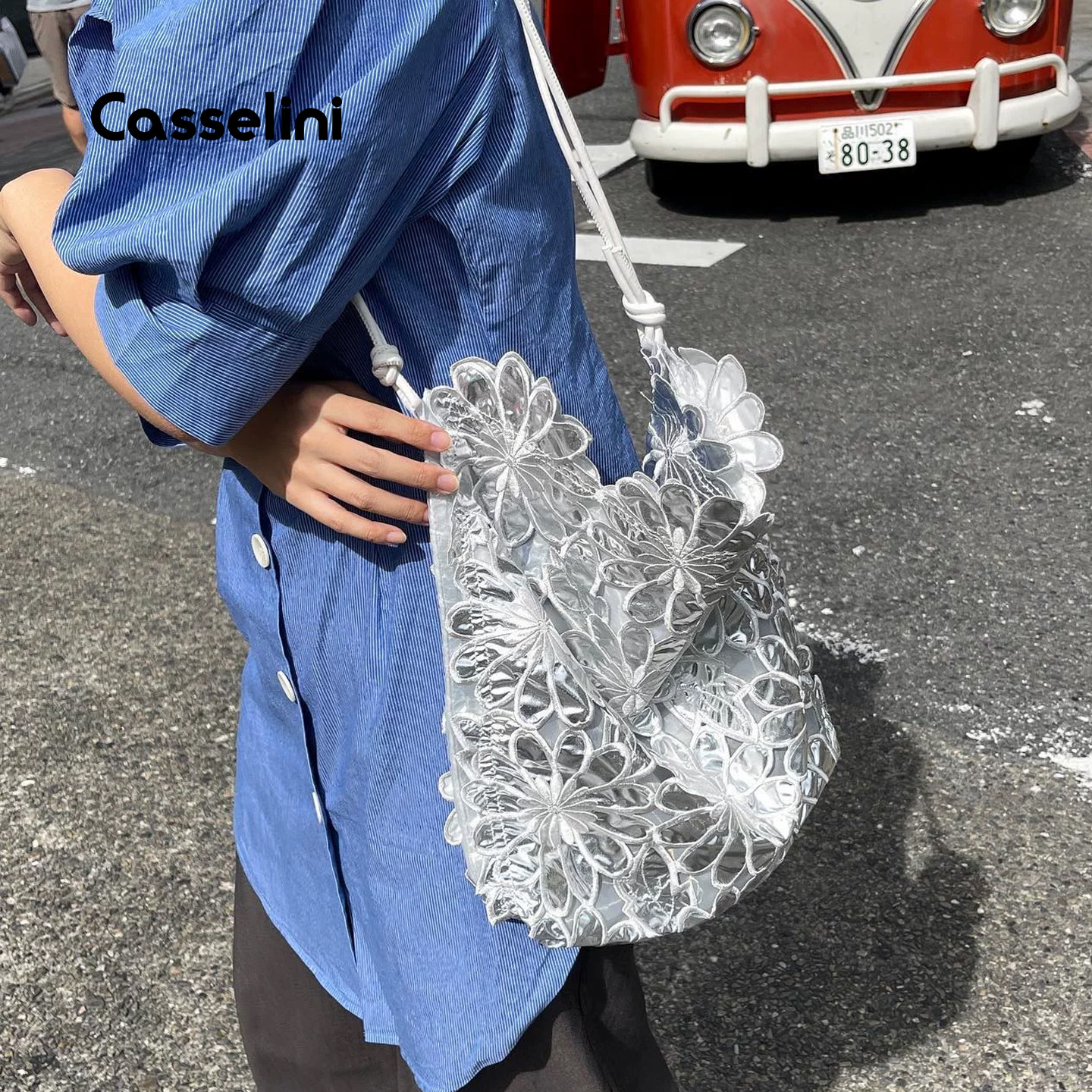 Casselini镂空刺绣花朵托特女包