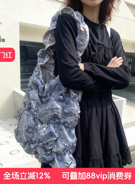 casselini鎏金新中式小众金属光泽亮面褶皱单肩包托特包女大容量