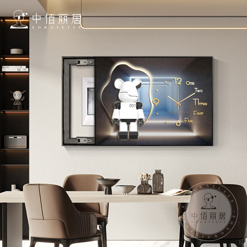 暴力熊电表箱装饰画轻奢高级免打孔带钟表遮挡配电箱现代简约挂画