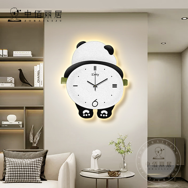 熊猫餐厅装饰画钟表挂钟客厅2023新款创意时钟挂画家用静音led灯