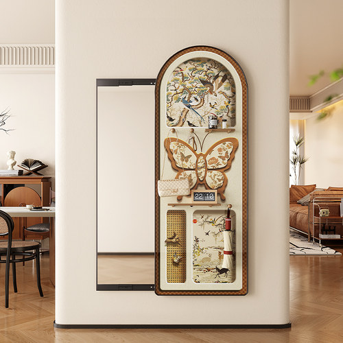 中古风玄关装饰画洞洞板暗藏式全身镜挂画2025新款隐形全身镜壁画