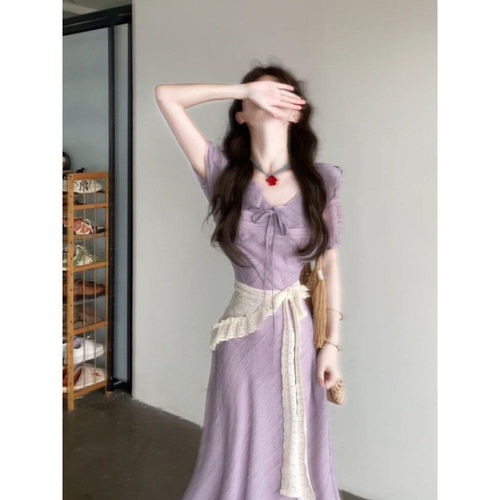 法式漂亮掐腰紫色连衣裙女夏