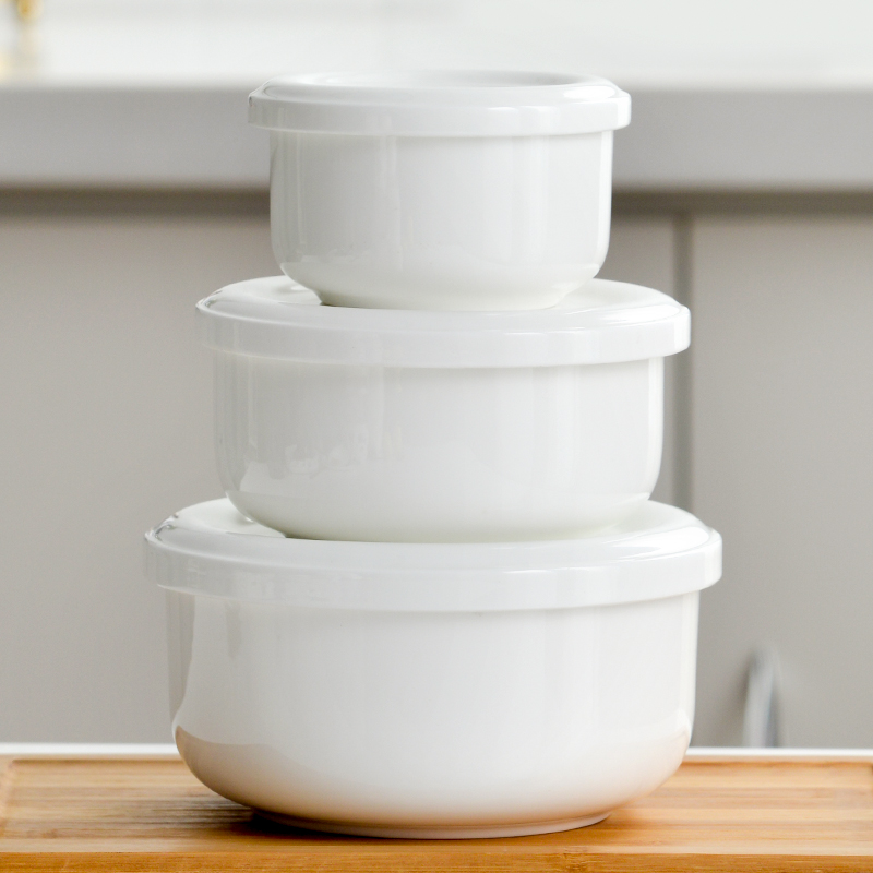 纯白骨瓷保鲜碗套装加盖陶瓷碗带盖微波炉冷藏陶瓷蒸蛋碗炖燕窝碗