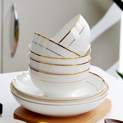 唐山骨瓷吃饭碗单个家用陶瓷餐具金边面 面条碗大碗汤碗5寸米饭碗