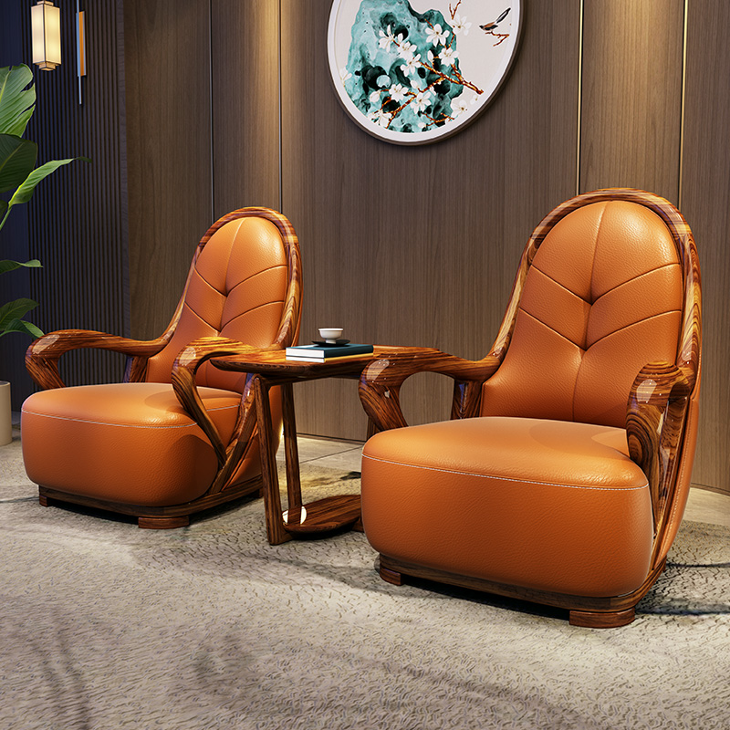 别墅客厅现代新中式休闲椅乌金木实木厚皮单椅设计师单人沙发椅