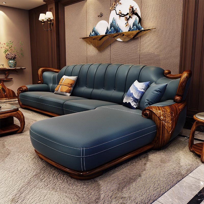 新中式别墅乌金木真皮沙发豪华实木头层牛皮转角沙发简约北欧客厅