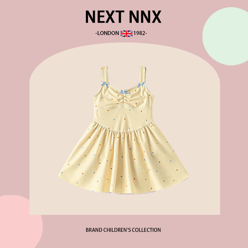 英国NEXT NNX儿童泳衣女童抽褶吊带A字连体式游泳衣彩色波点泳衣