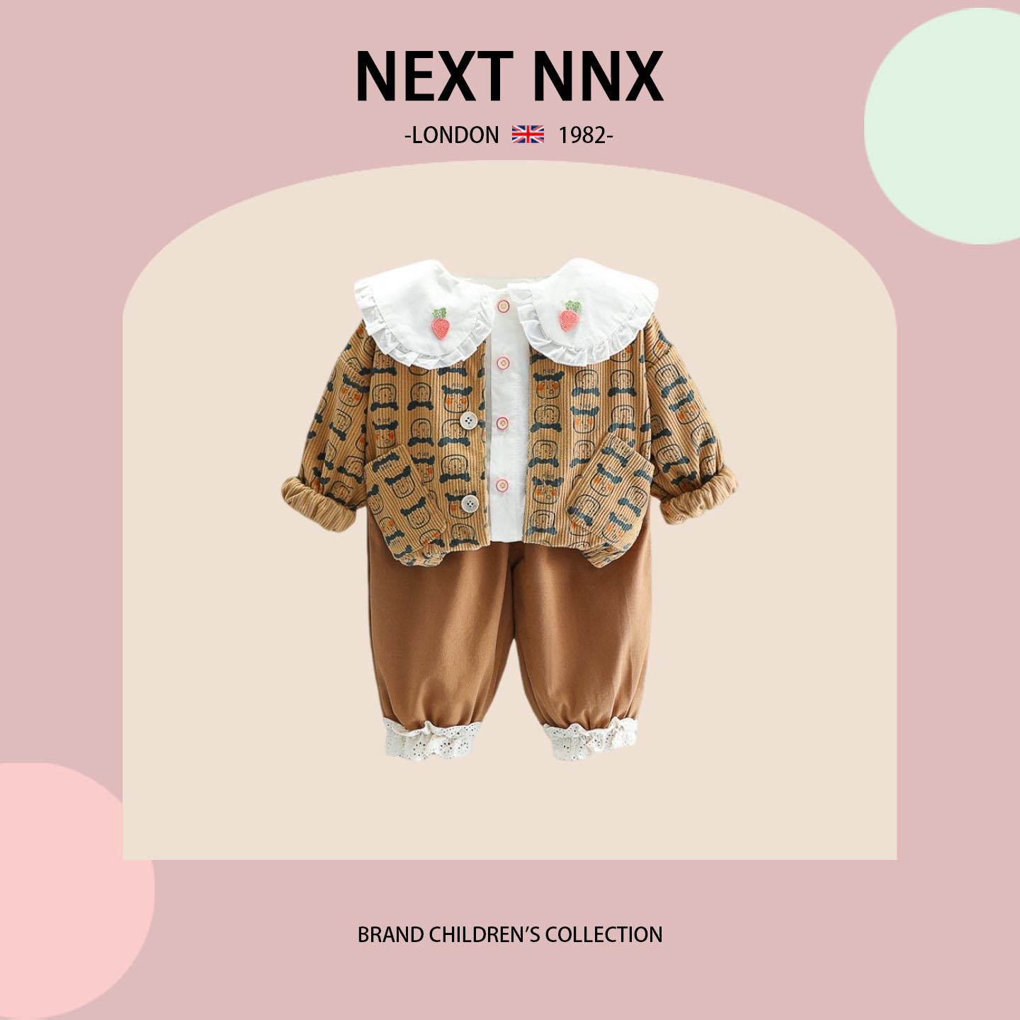 英国NEXT NNX女童春秋季休闲套装女宝宝满印大翻领衬衫长裤三件套