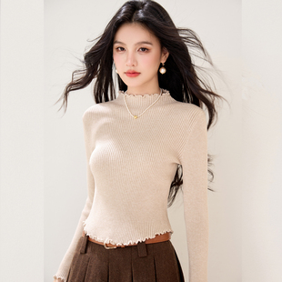 毛衣女装 半高领内搭打底衫 2025新款 针织衫 秋冬小个子修身 高腰短款